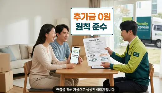 김해 포장이사 전문 패밀리익스프레스의 정직한 견적 서비스. 추가 요금 0원 원칙을 준수하는 계약서를 확인하며 만족해하는 고객의 모습.